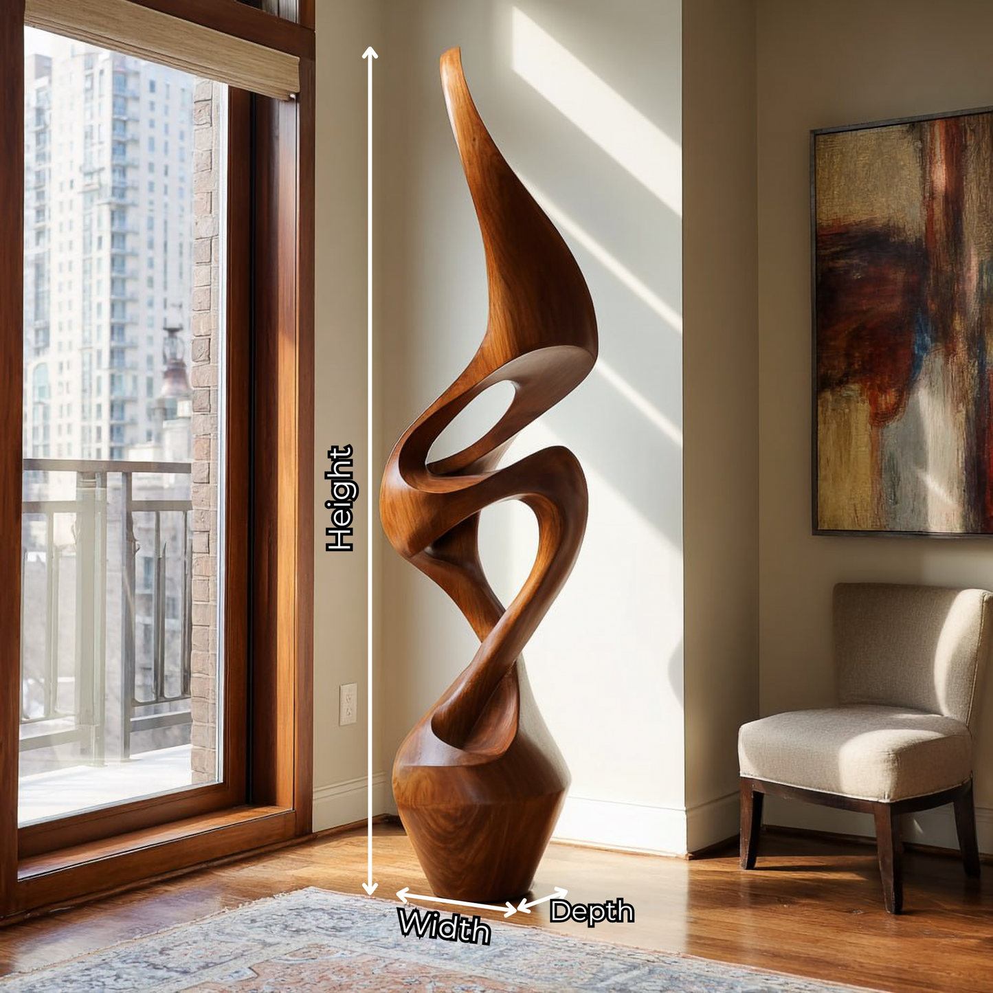 Contemporary Floor Sculpture in Natural Wood with Open Curves
