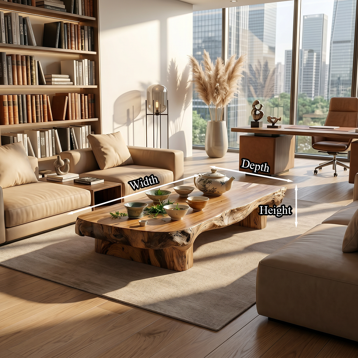 Low Solid Wood Tea Table with Natural Live Edge and Organic Base