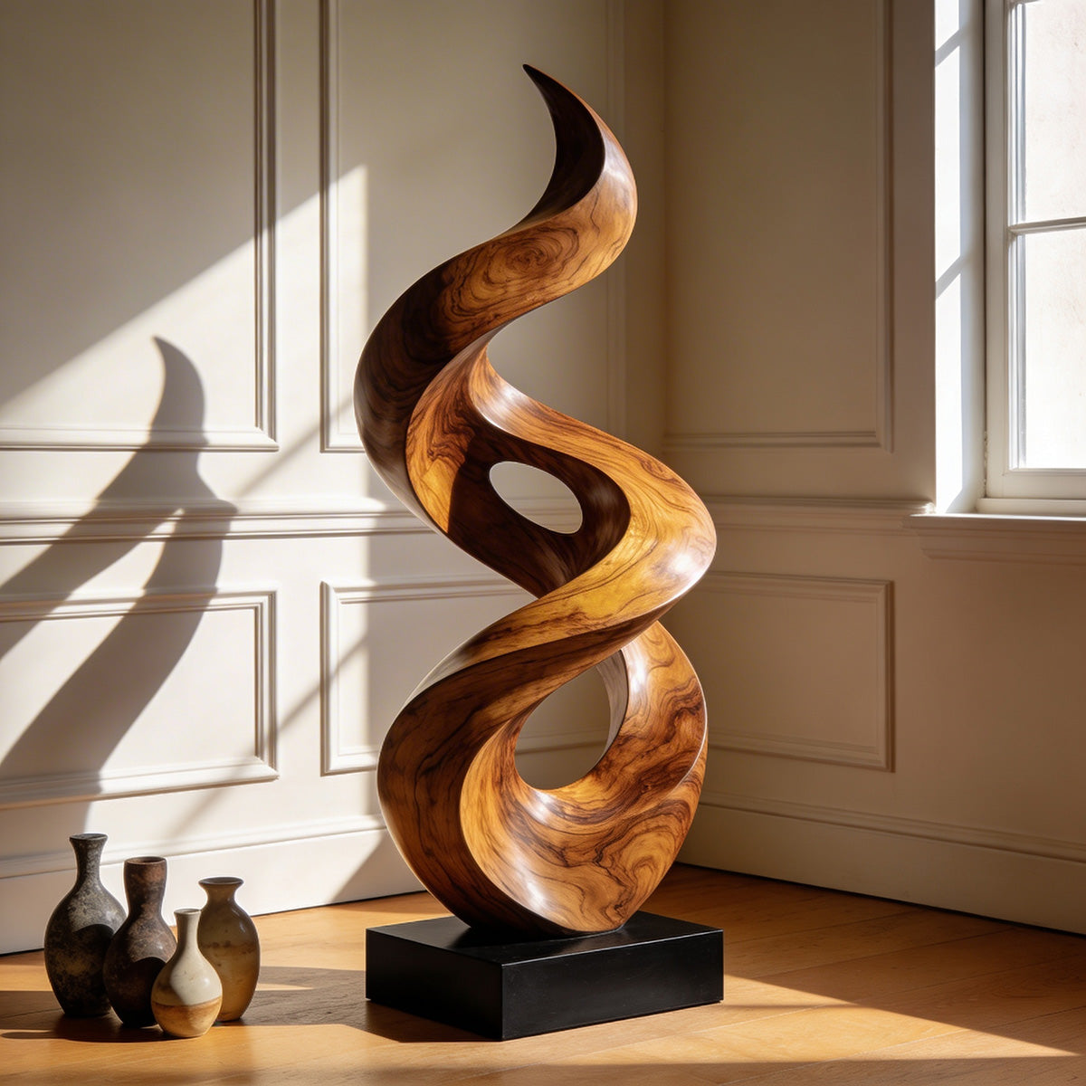 Organic Spiral Wood Sculpture With Open Carved Form