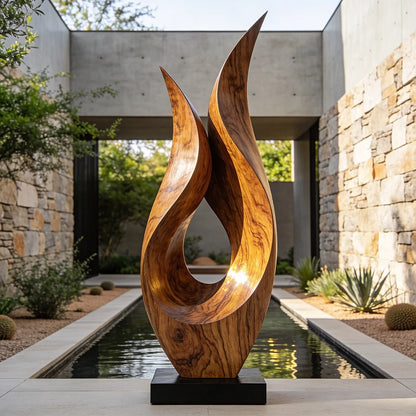 Dual Flame Openwork Abstract Wood Sculpture Decor