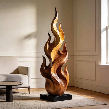 Flame Inspired Abstract Wood Sculpture Floor Decor