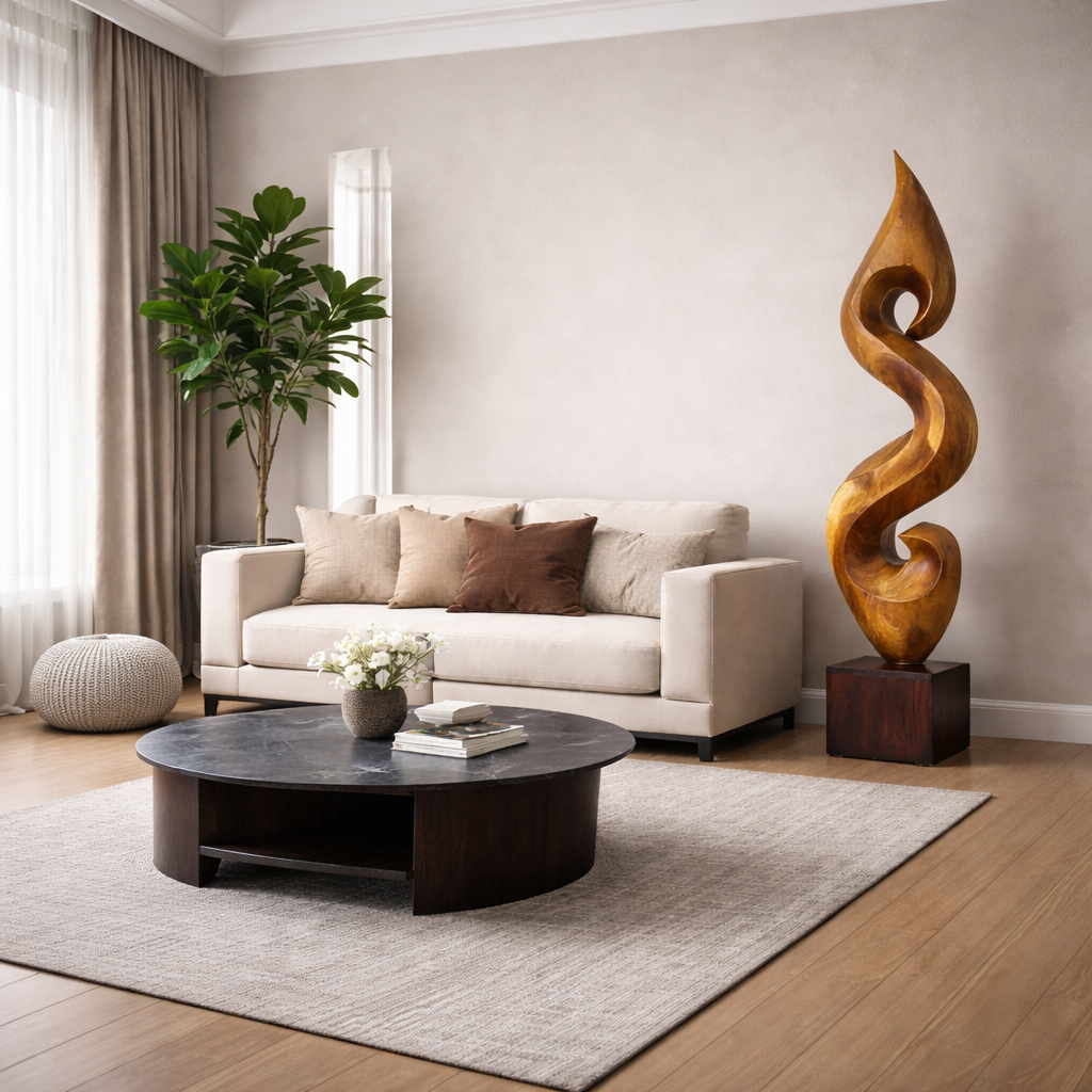 Elegant Spiral Floor Sculpture in Natural Wood Accent