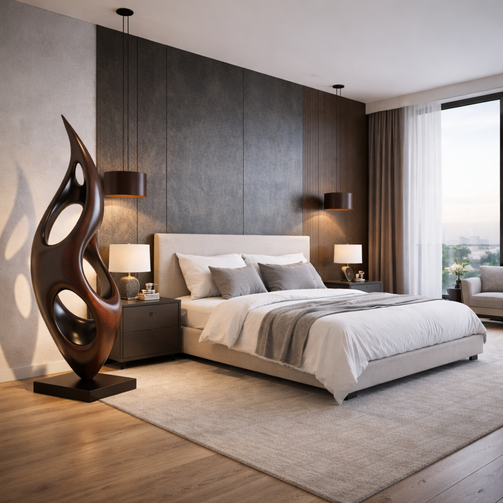 Abstract Solid Wood Floor Sculpture with Organic Modern Form