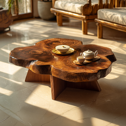 Live Edge Sculptural Coffee Table with Cross Base Design