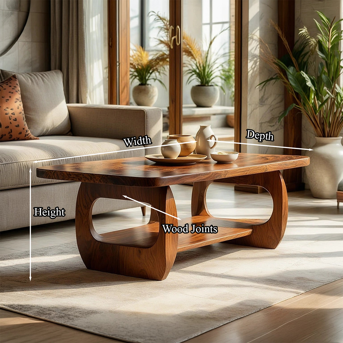 Natural Wood Coffee Table with Sculpted Open Frame Base and Shelf