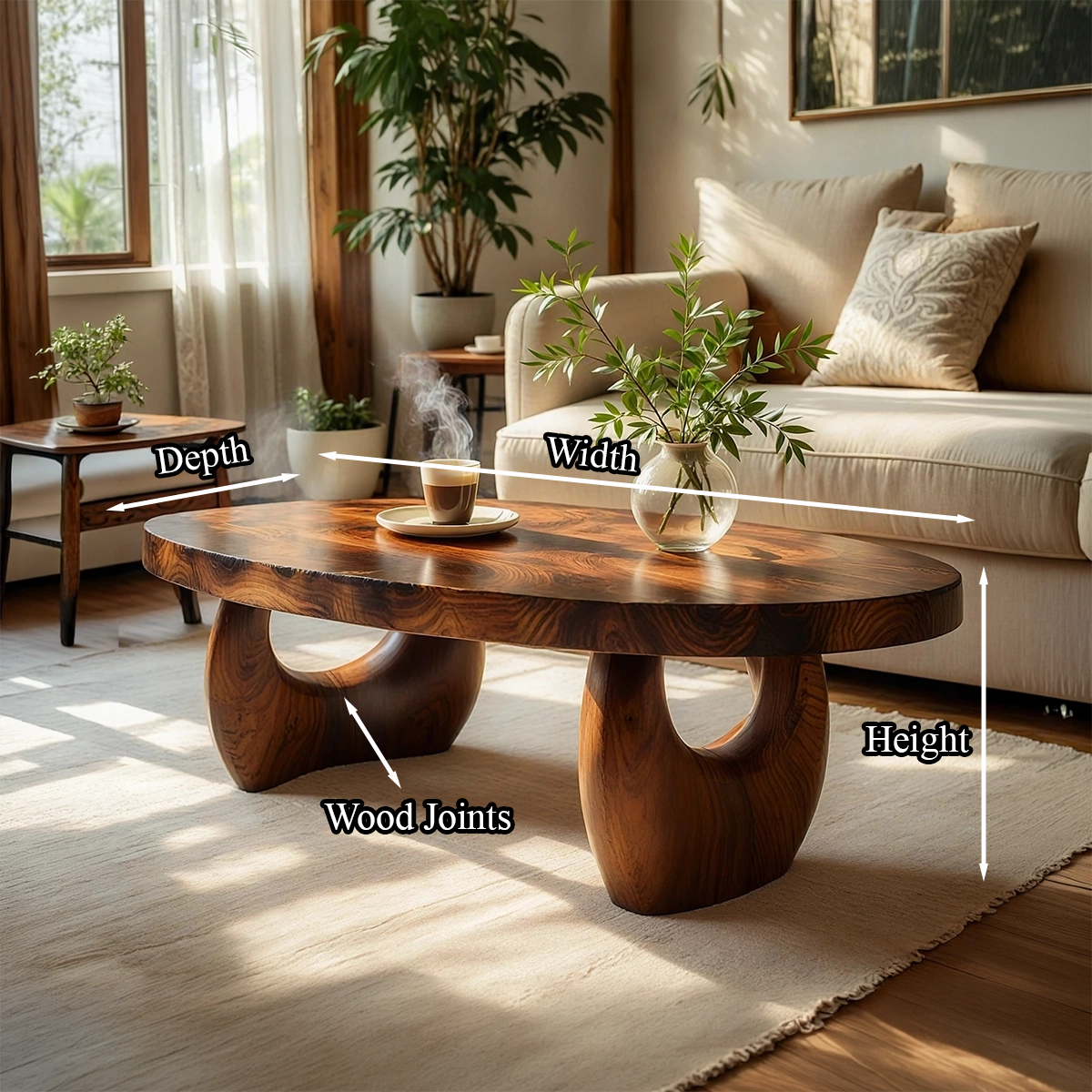 Organic Natural Wood Coffee Table with Sculpted Open Base