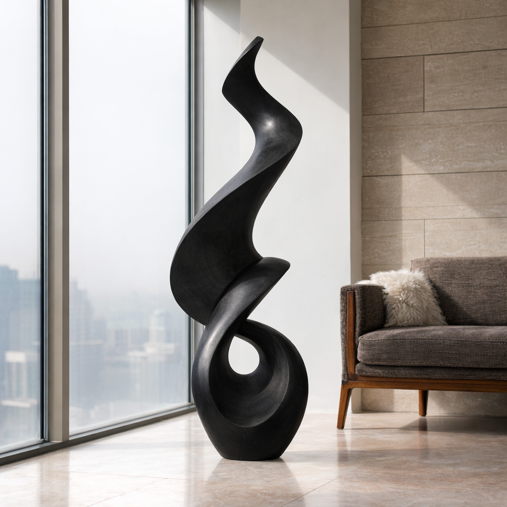 Abstract Twisted Solid Wood Sculpture Handcarved Modern Wooden Floor Statue