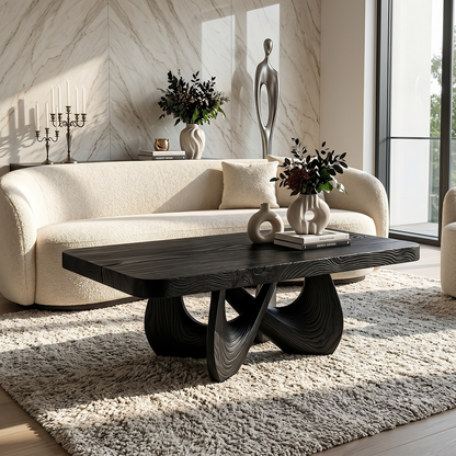 Square Natural Wood Coffee Table with Interwoven Sculptural Base