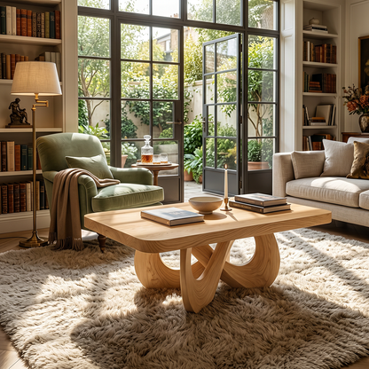 Square Natural Wood Coffee Table with Interwoven Sculptural Base