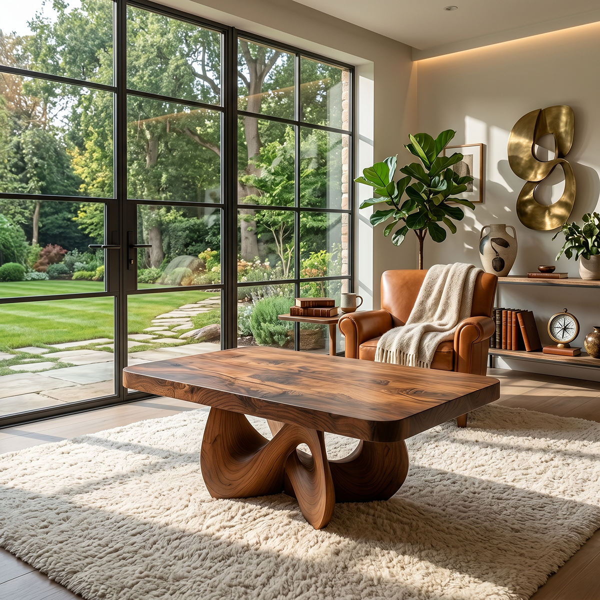 Square Natural Wood Coffee Table with Interwoven Sculptural Base