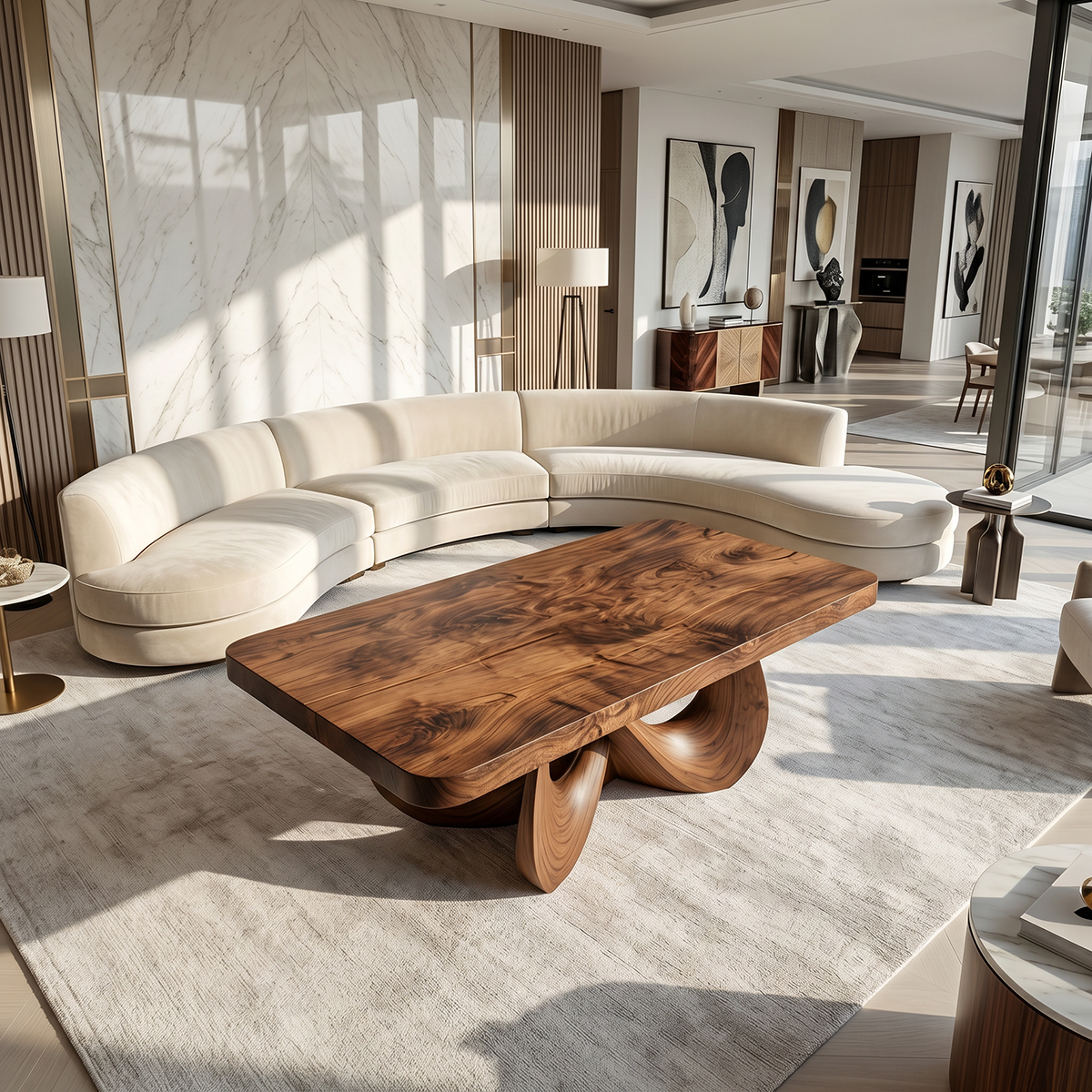 Square Natural Wood Coffee Table with Interwoven Sculptural Base