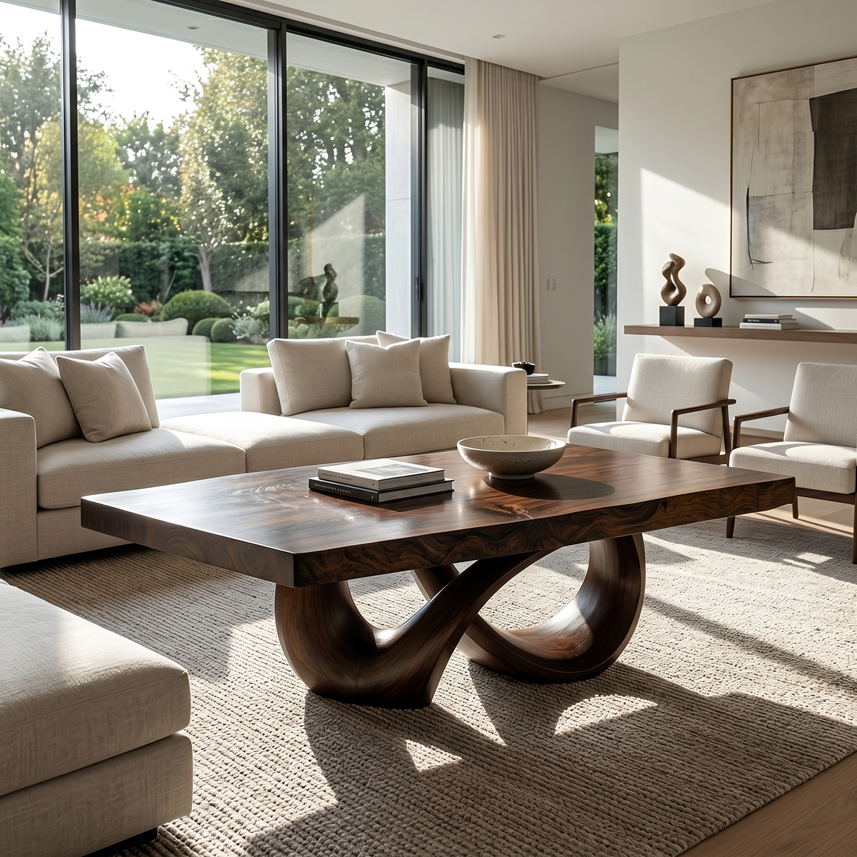Natural Wood Coffee Table with Interlocking Sculptural Base
