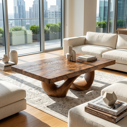 Natural Wood Coffee Table with Interlocking Sculptural Base