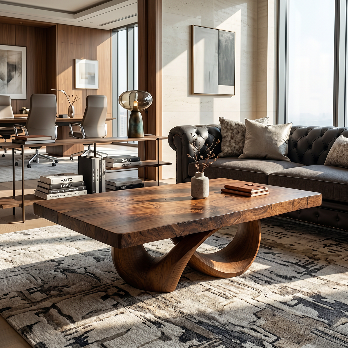 Natural Wood Coffee Table with Interlocking Sculptural Base