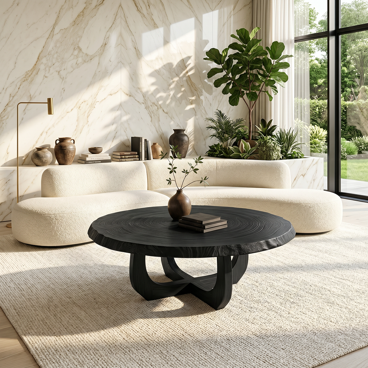 Round Natural Wood Coffee Table with Curved Open Sculptural Base