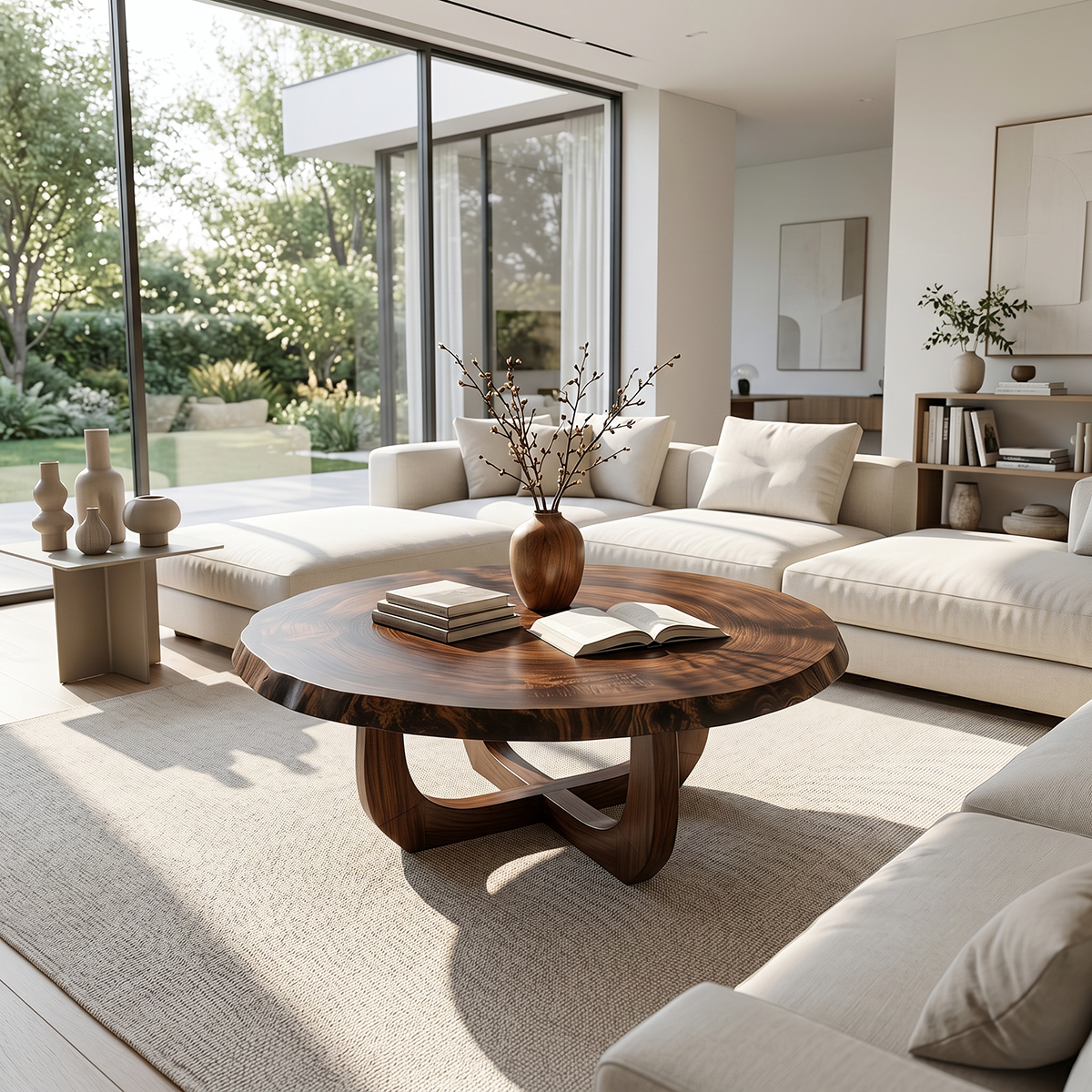 Round Natural Wood Coffee Table with Curved Open Sculptural Base