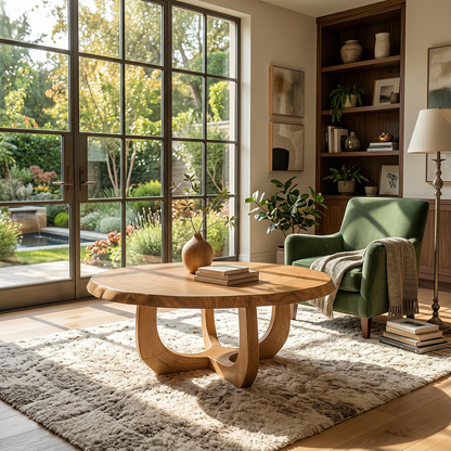 Round Natural Wood Coffee Table with Curved Open Sculptural Base