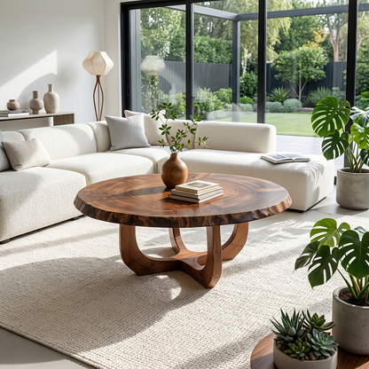 Round Natural Wood Coffee Table with Curved Open Sculptural Base