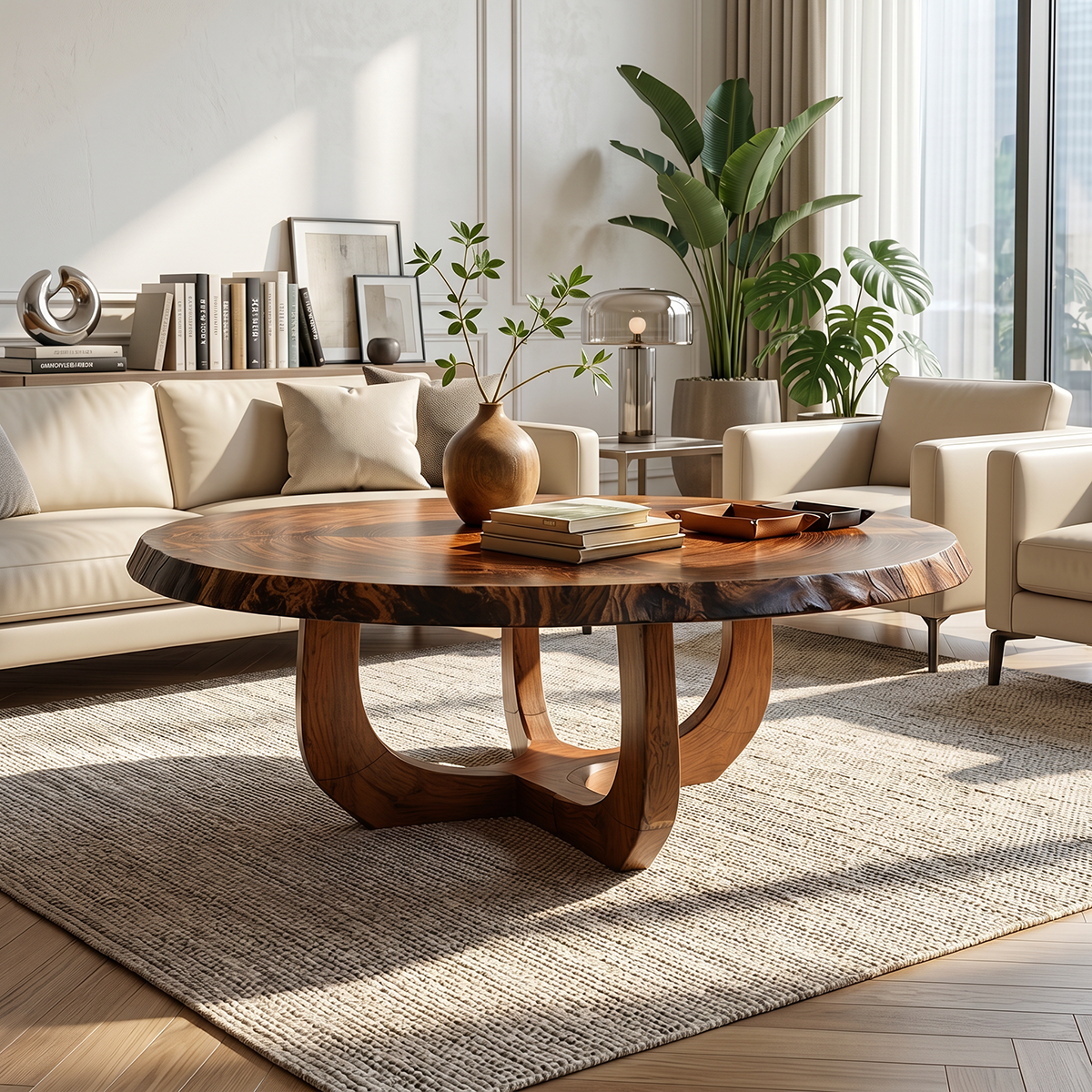 Round Natural Wood Coffee Table with Curved Open Sculptural Base