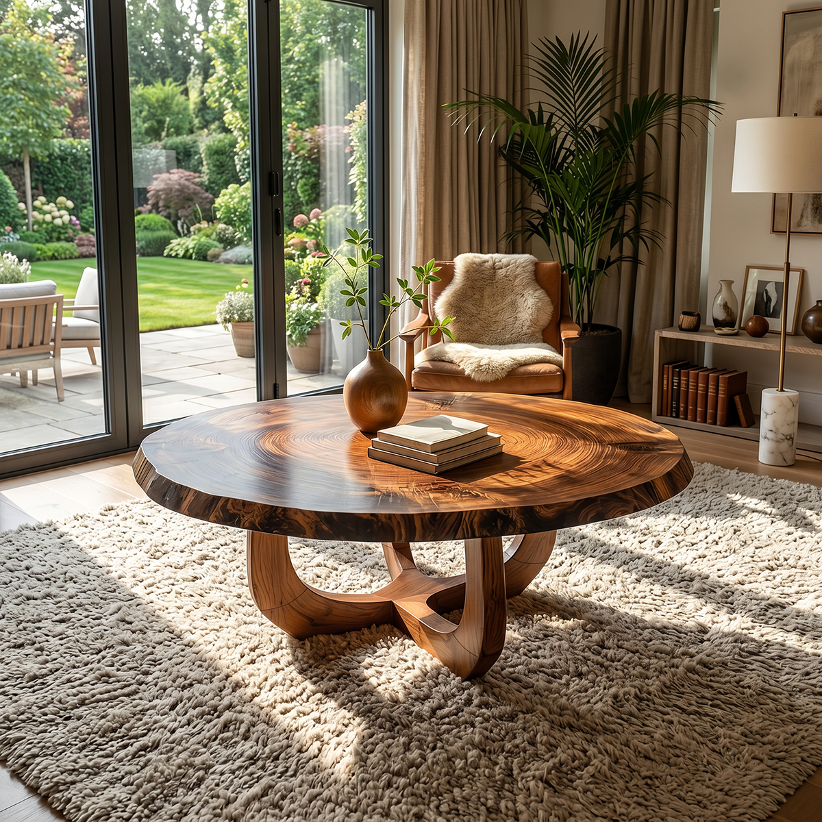 Round Natural Wood Coffee Table with Curved Open Sculptural Base