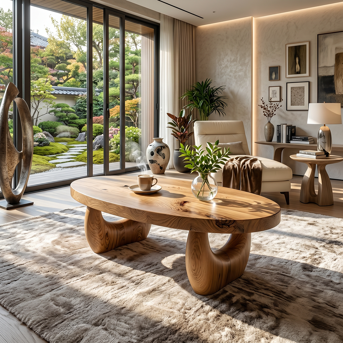 Organic Natural Wood Coffee Table with Sculpted Open Base