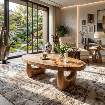 Organic Natural Wood Coffee Table with Sculpted Open Base