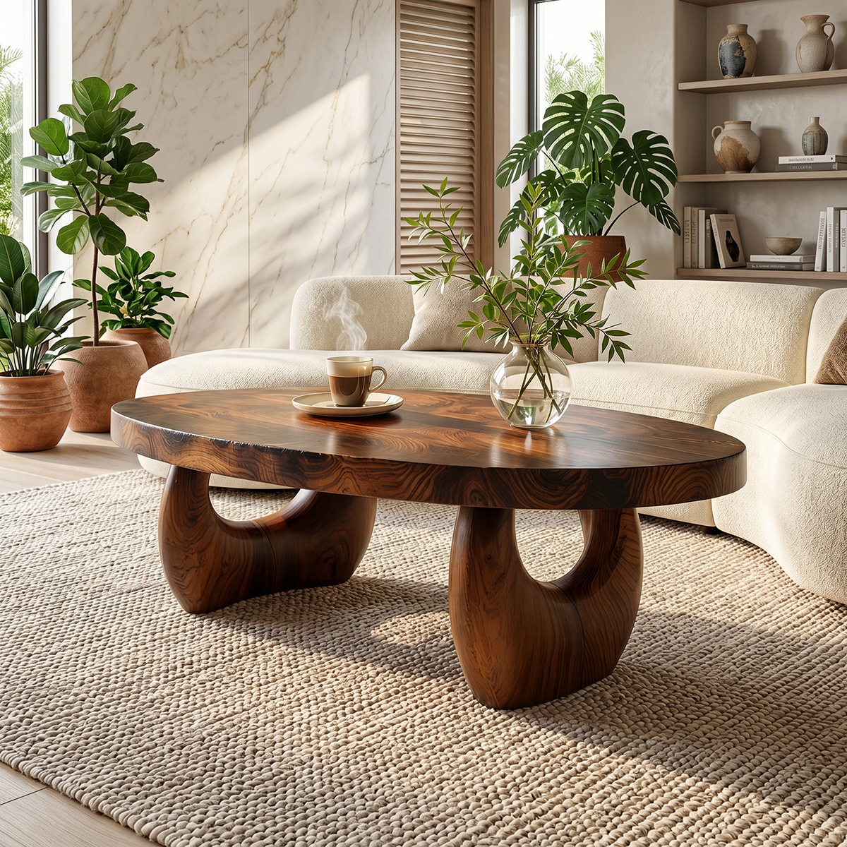 Organic Natural Wood Coffee Table with Sculpted Open Base