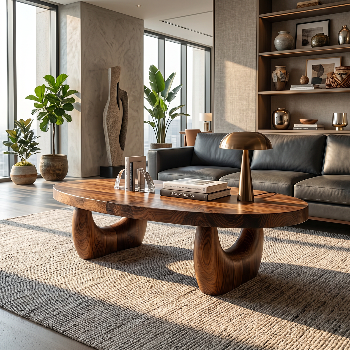 Organic Natural Wood Coffee Table with Sculpted Open Base
