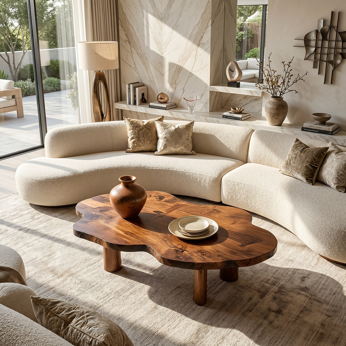 Organic Live Edge Natural Wood Coffee Table with Cylindrical Leg Base