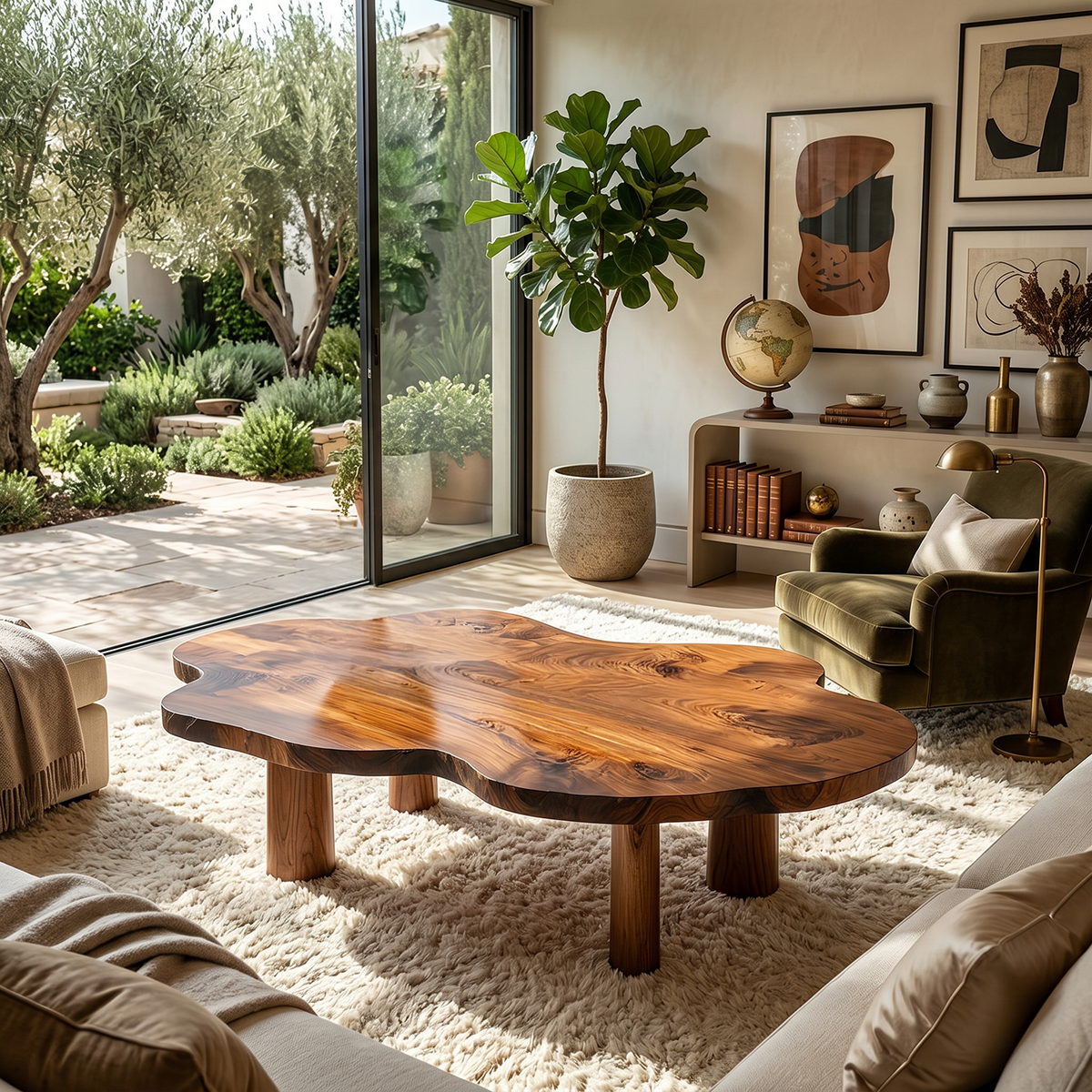 Organic Live Edge Natural Wood Coffee Table with Cylindrical Leg Base