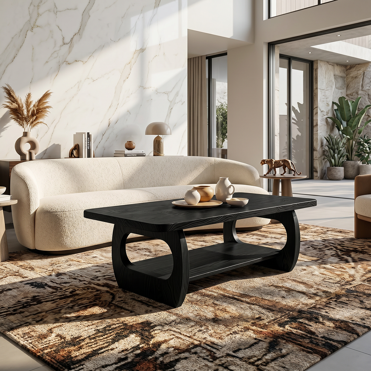 Natural Wood Coffee Table with Sculpted Open Frame Base and Shelf