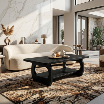 Natural Wood Coffee Table with Sculpted Open Frame Base and Shelf