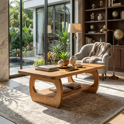 Natural Wood Coffee Table with Sculpted Open Frame Base and Shelf