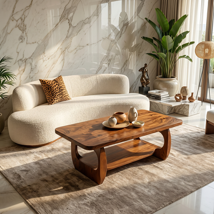Natural Wood Coffee Table with Sculpted Open Frame Base and Shelf