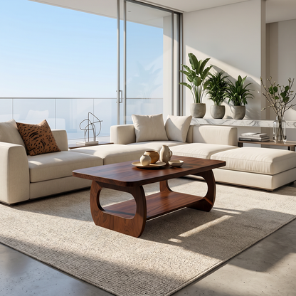 Natural Wood Coffee Table with Sculpted Open Frame Base and Shelf