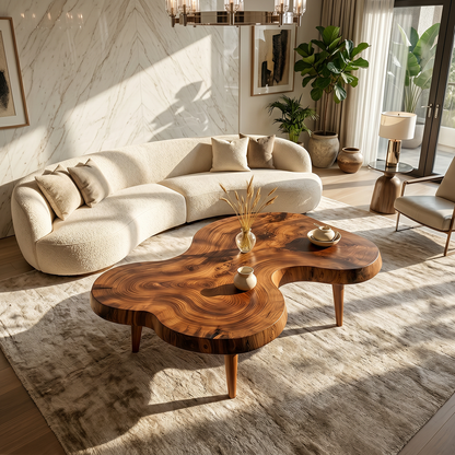 Organic Freeform Natural Wood Coffee Table with Rounded Edge Design