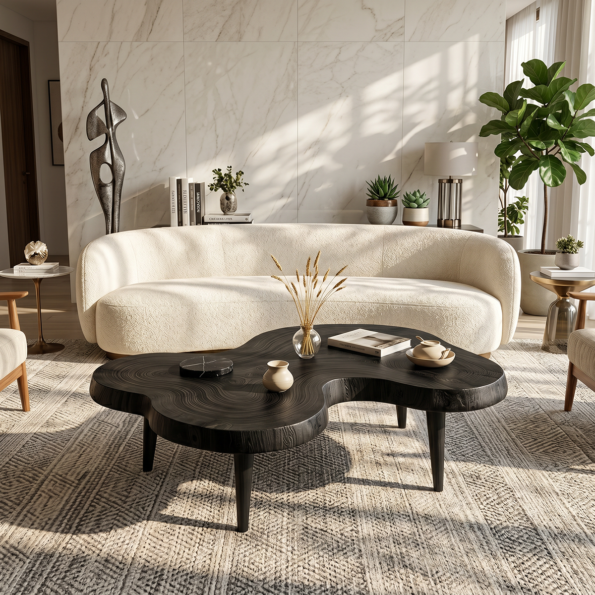 Organic Freeform Natural Wood Coffee Table with Rounded Edge Design