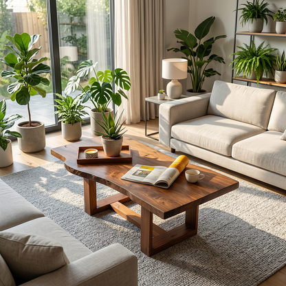Live Edge Natural Wood Coffee Table with Sculptural Base