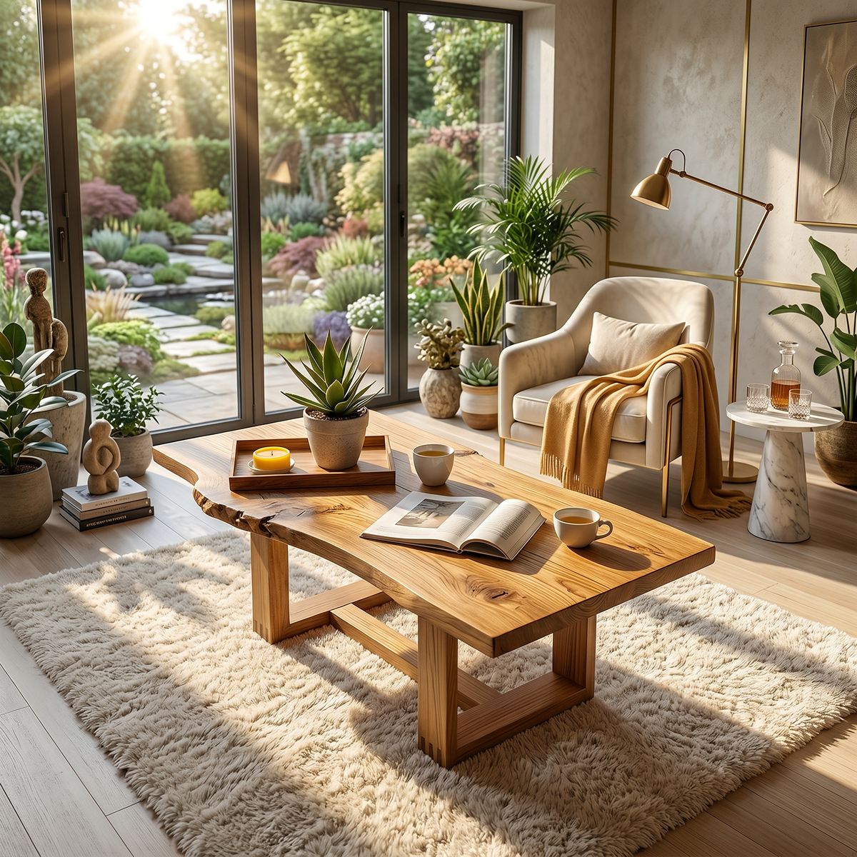 Live Edge Natural Wood Coffee Table with Sculptural Base