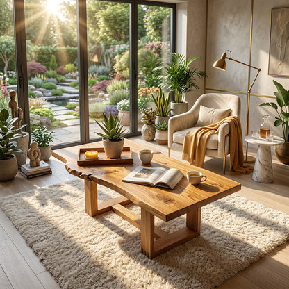 Live Edge Natural Wood Coffee Table with Sculptural Base