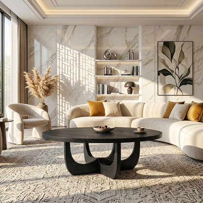 Round Natural Wood Coffee Table with Sculptural Curved Base
