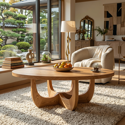 Round Natural Wood Coffee Table with Sculptural Curved Base