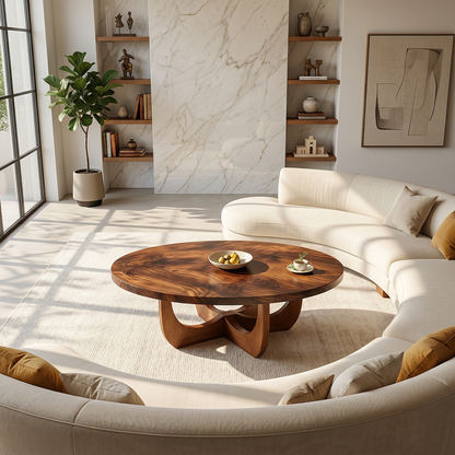 Round Natural Wood Coffee Table with Sculptural Curved Base