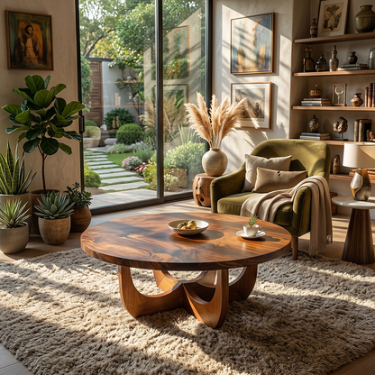 Round Natural Wood Coffee Table with Sculptural Curved Base