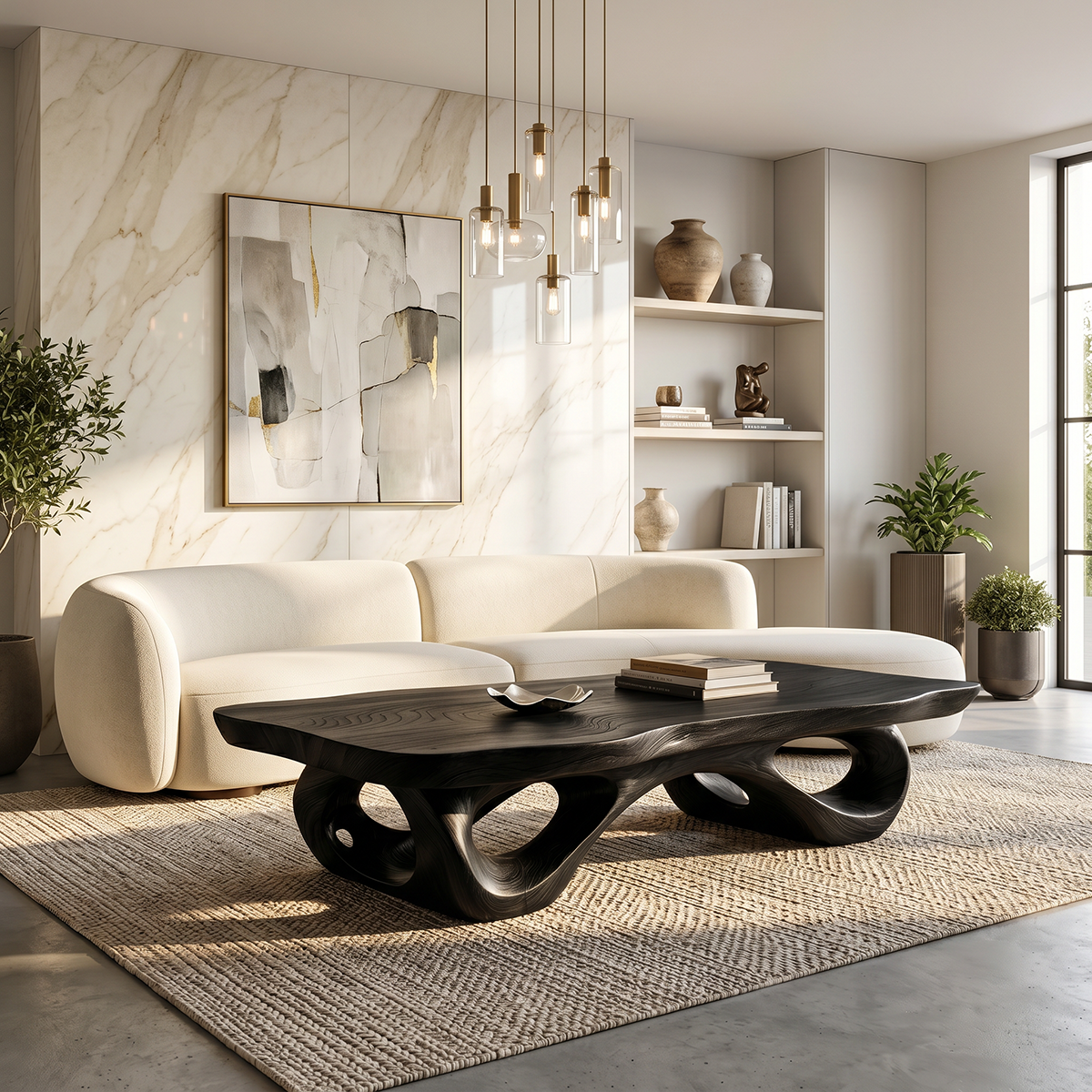 Sculptural Natural Wood Coffee Table with Organic Carved Base