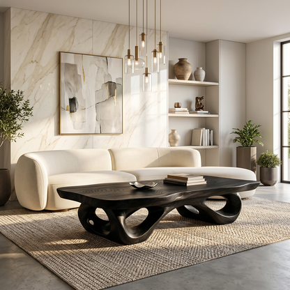 Sculptural Natural Wood Coffee Table with Organic Carved Base