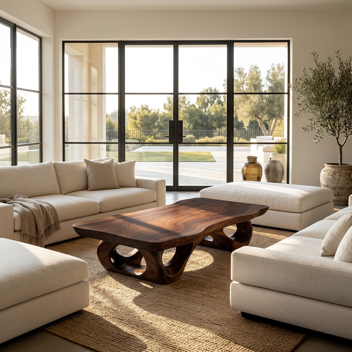 Sculptural Natural Wood Coffee Table with Organic Carved Base
