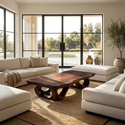 Sculptural Natural Wood Coffee Table with Organic Carved Base
