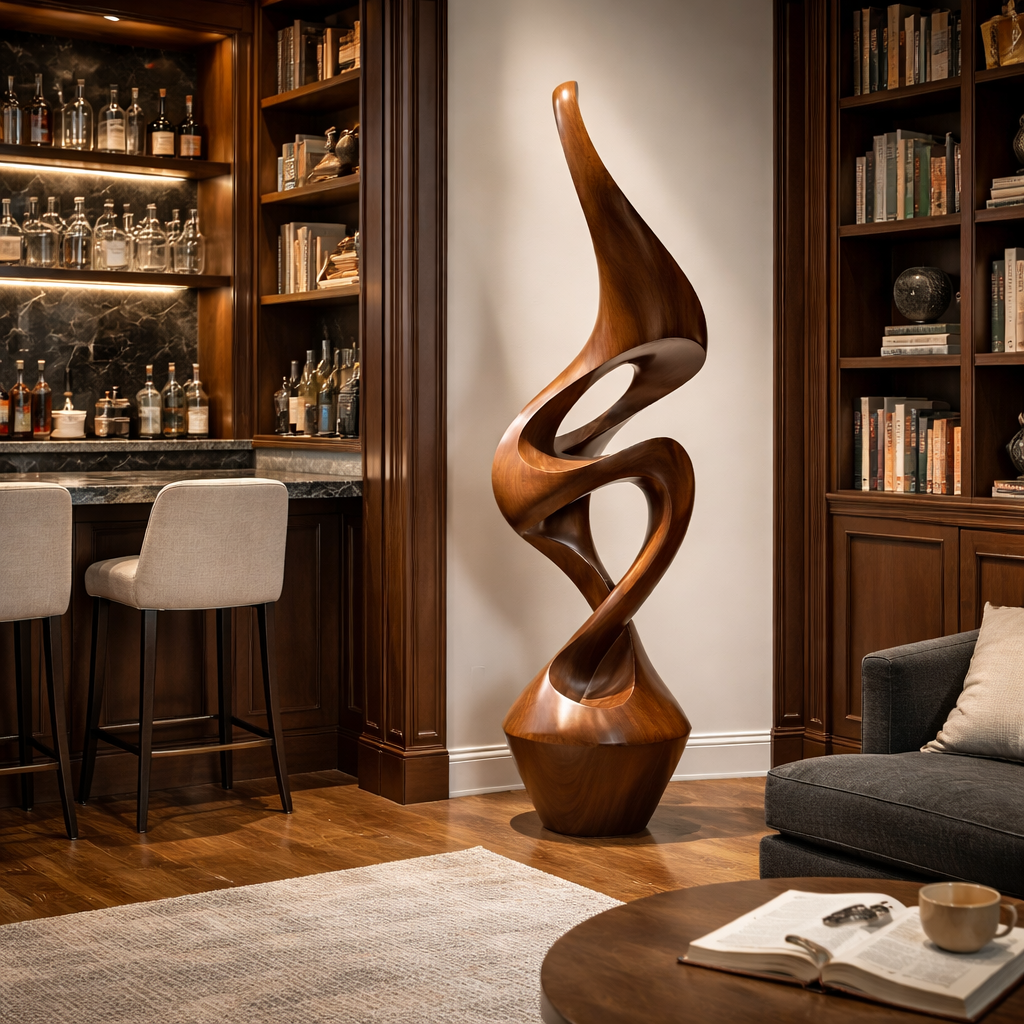Contemporary Floor Sculpture in Natural Wood with Open Curves