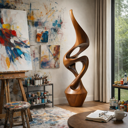 Contemporary Floor Sculpture in Natural Wood with Open Curves